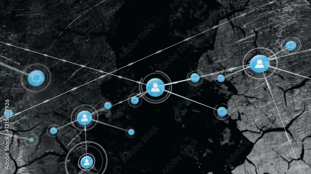 Poster network of connections and data processing animation over dark textured background