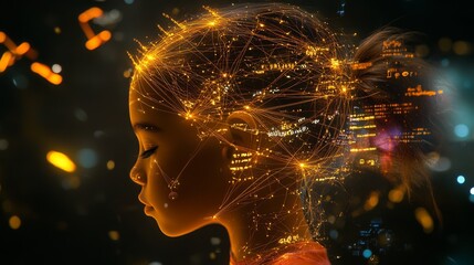 Conceptual education technology artwork featuring feminine profile outline, intricate network of illuminated nodes within head space, physics formulas and data charts in atmosphere, smooth gradients,