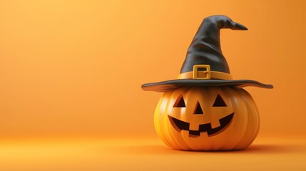 Pumpkin with witch hat on orange background