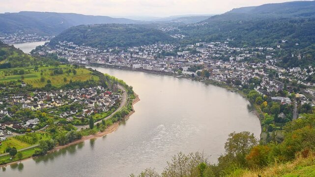 Panoramic aerial view of the Rhine River bending near the city of Boppard, Upper Middle Rhine Valley, Germany