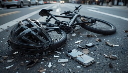 Bike crash aftermath on city street, close-up. Damaged bicycle, helmet, broken smartphone scattered asphalt. Car accident, injury risk. Urban transport problem, dangerous ride. Safety concept,