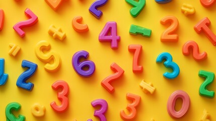 Naklejka premium Dynamic spread of rainbow colored numerical figures on golden yellow backdrop, elementary education layout, organized chaos arrangement, plastic toy material finish, gradient lighting effects,