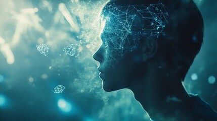 Obraz premium Elegant minimalist profile portrait showing human mind connected with advanced AI network, floating mathematical symbols and statistical graphs, soft ethereal glow, educational technology