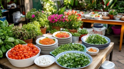 Fototapeta premium Fresh food is prepared on the table. Garden plants bloom in background. Restaurant food, recipe content