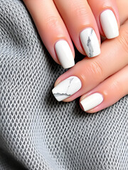 white grey marble manicure with silver stripe on grey background