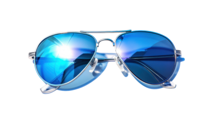 Blue aviator sunglasses reflecting sunlight on transparent background