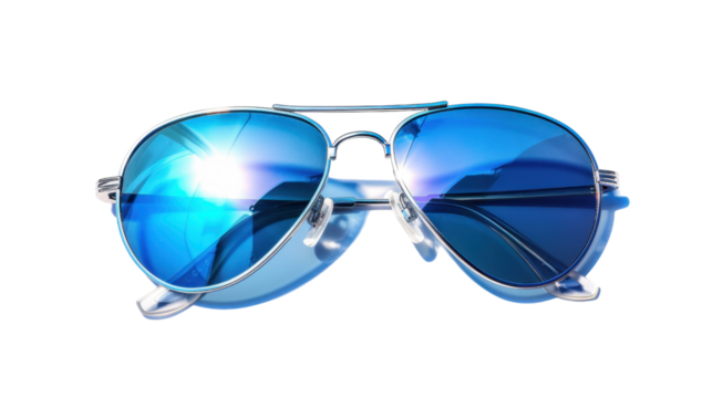 Blue aviator sunglasses reflecting sunlight on transparent background
