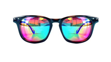 Sunglasses reflecting swimming pool on transparent background