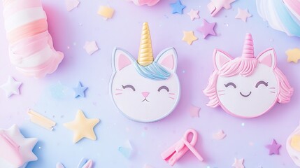 Magical classroom name badges featuring smiling cat faces, iridescent unicorn horns, star-sprinkled backgrounds in soft pastels, neat text areas for student names, playful ear shapes, professional