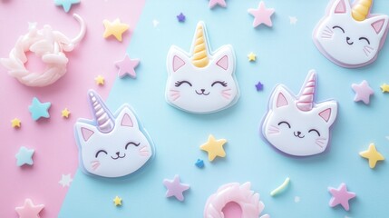 Magical classroom name badges featuring smiling cat faces, iridescent unicorn horns, star-sprinkled backgrounds in soft pastels, neat text areas for student names, playful ear shapes, professional