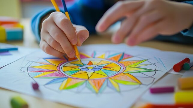 Elementary-level mandala featuring basic shapes like triangles and squares in circular arrangement, extra-wide coloring spaces ideal for young artists, gentle curves and symmetrical patterns, colored