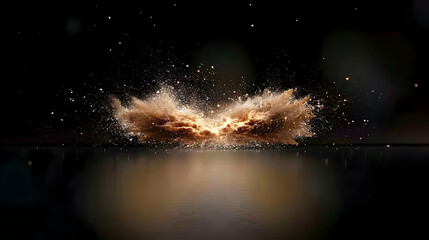 A dramatic explosion of particles above a reflective surface