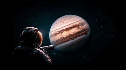 An astronaut observes the banded gas giant with a visual device