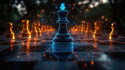 Futuristic Chess King: Digital Network Strategy Game, Abstract Wireframe King Piece on Illuminated Chessboard,  Glowing Nodes and Connections, Strategic Planning Concept