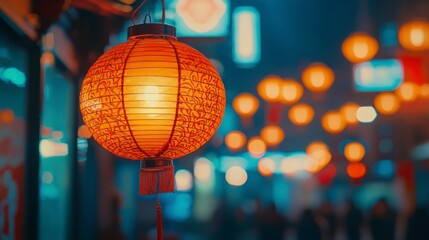 Fototapeta premium Red lantern glowing in city night with bokeh lights