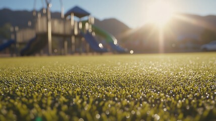 Sunrise playground artificial turf close-up, mountains
