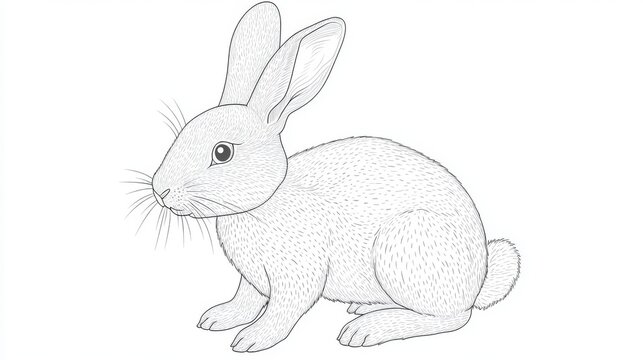 Playful rabbit tracing template with rounded ear outlines, dotted line forming fluffy body shape, simple paw marks, cotton tail circle, clear starting points, pure white background, grey dashed