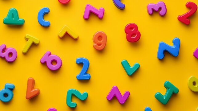 Playful scattered plastic numbers in rainbow colors floating on sunshine yellow background, educational math symbols, bold primary colors, soft shadows, matte finish, clean composition, kindergarten