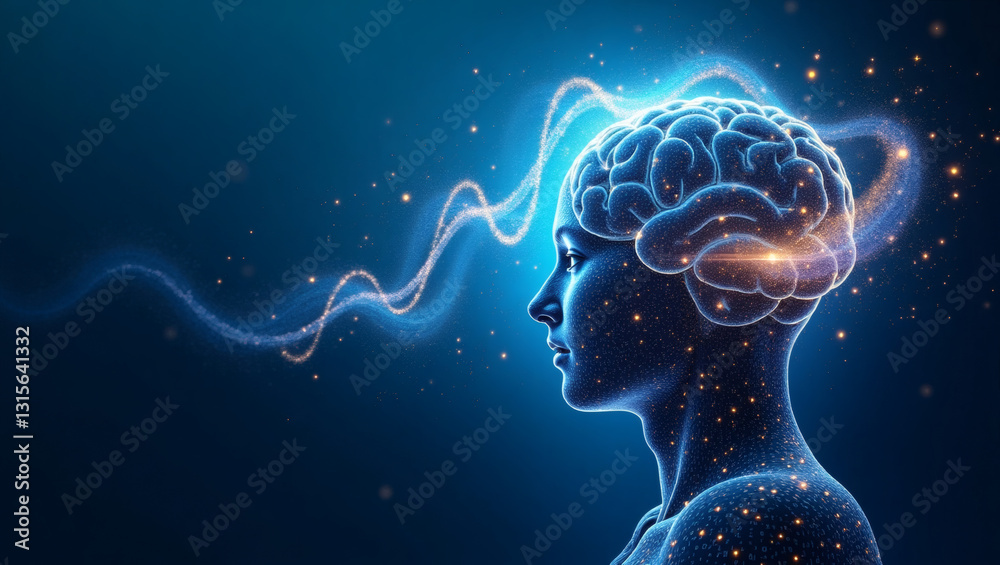 Poster an illustration of a human brain with a glowing effect, showing neural activity and cognitive proces