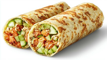 Two delicious salmon wraps with cucumber and sauce, neatly sliced and presented against a white background.
