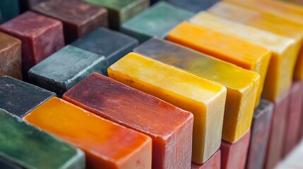 Close-up shot of multicolored wax color blocks, weathered artistic texture, angular rectangular shapes, natural beeswax material, studio lighting, gradient color arrangement, handcrafted art