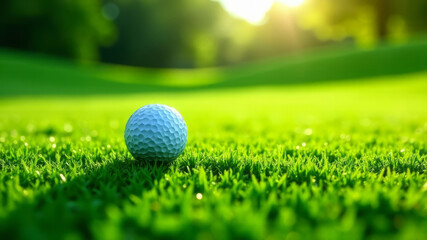 Obraz premium White Golf Ball On Green Lawn In Spring On The Course To Play, Copy Space