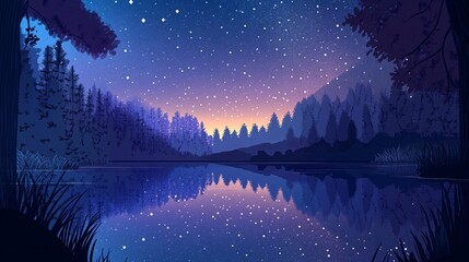 Naklejka premium A Serene Starry Night Sky Glimmers Over a Calm Lake