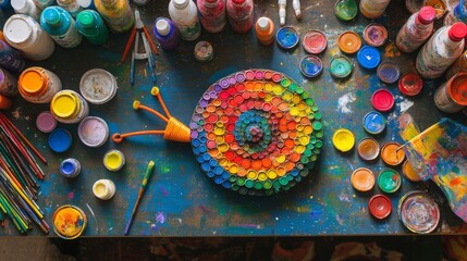 Top-down shot of recycled art station, whimsical snail created from rainbow-colored bottle caps forming spiral shell, pipe cleaner antennae, positioned among paint bottles, markers, and decorative