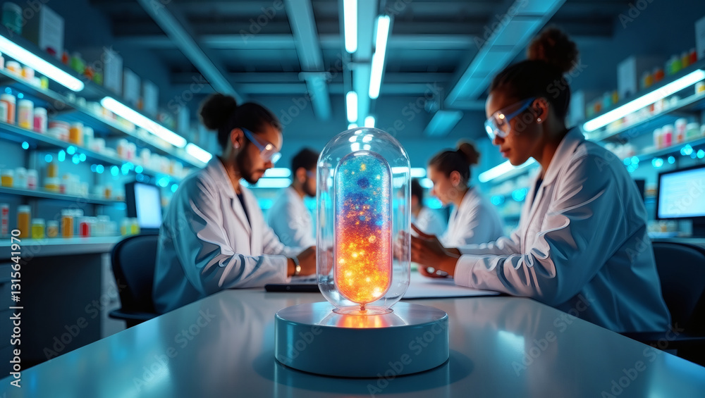 Poster scientists in a lab observe an interesting light