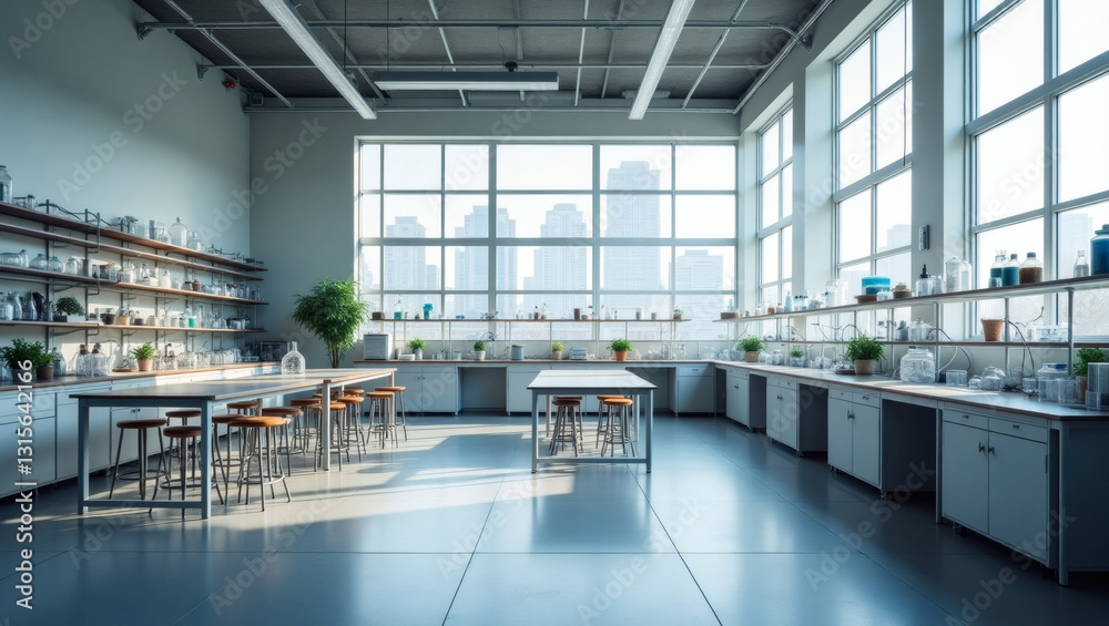 Poster an expansive, well-lit science lab with a panoramic view of a modern cityscape through its large windows, filled with equipment, ready for research and experiments