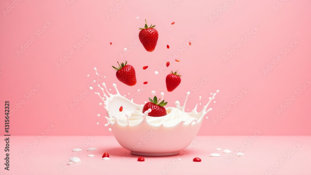 Poster strawberries falling into a bowl of milk, creating a splash. the image is vibrant with a pink backgr