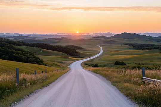 A long, empty highway stretching into the horizon, bathed in warm golden-hour light