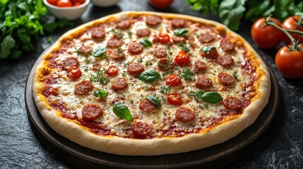 Delicious pepperoni pizza on a dark surface, surrounded by fresh ingredients