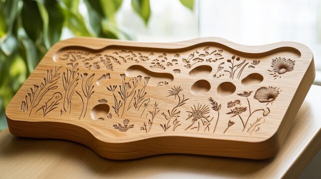 Wooden learning board with engraved grassland habitat outlines, systematic arrangement of sorting spaces, simplified botanical illustrations of local flora, raised edges for tactile exploration,