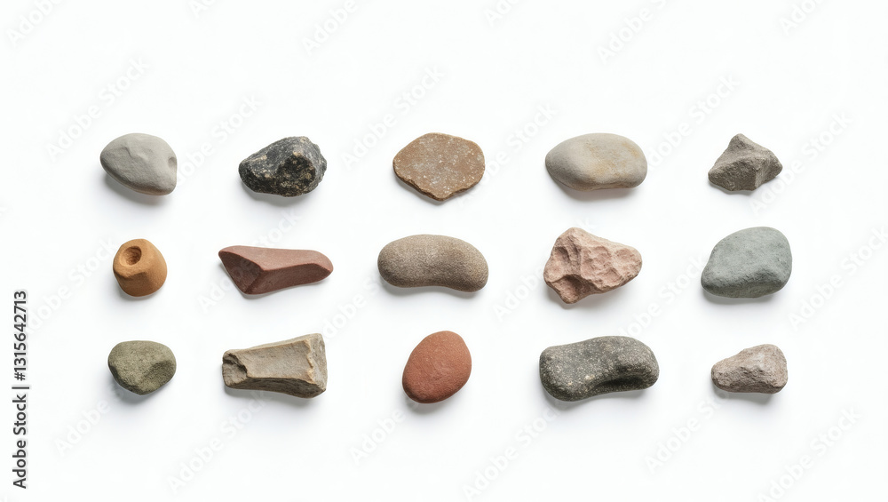 Poster a collection of various rocks and pebbles of different shapes and textures, arranged together 