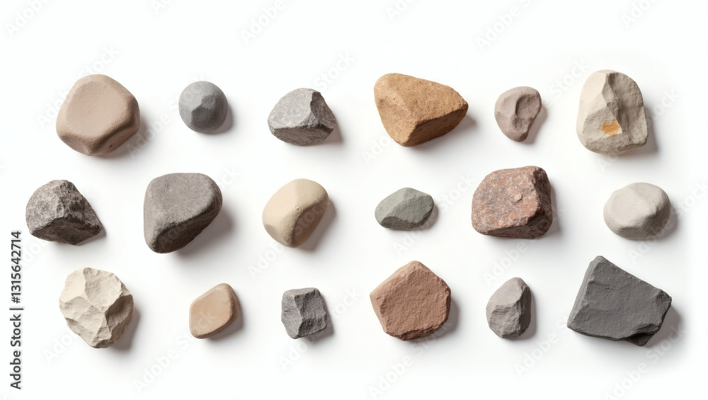 Poster a collection of various rocks arranged, showing different shapes and textures. the rocks present various sizes, color