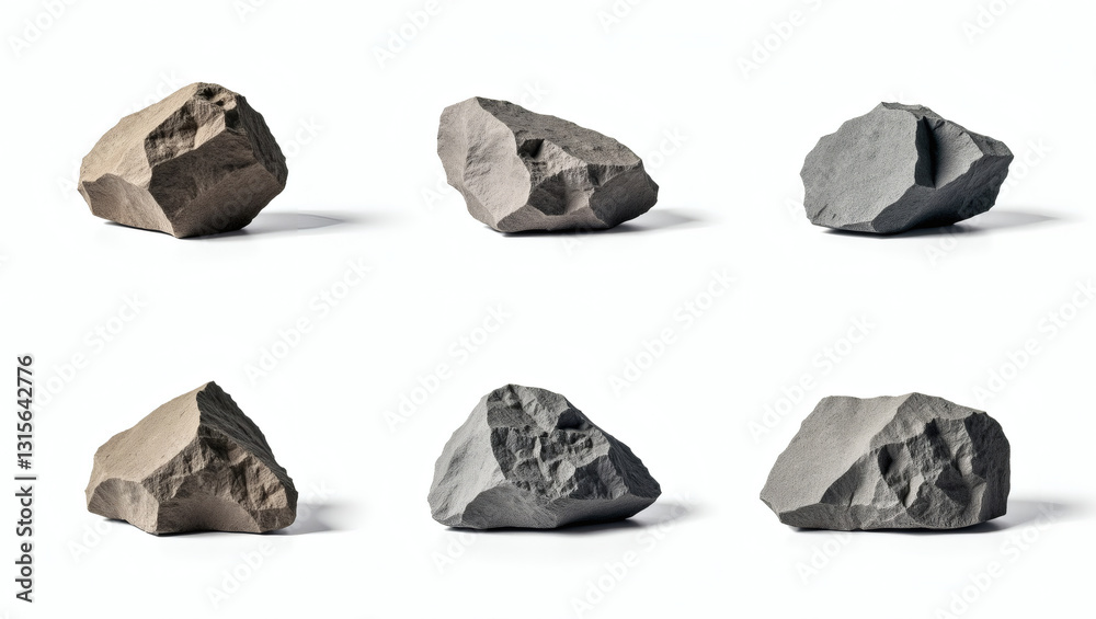 Poster a collection of six different gray rocks against a light background, showcasing their unique texture