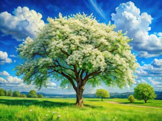 White Blossoms, Blue Sky: Oil Painting of a Flowering Tree in Nature