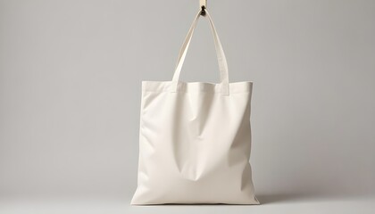 A minimalist mockup of a blank tote bag hanging on a hook against a clean background