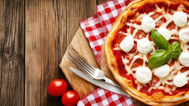 Fresh pizza with mozzarella & tomato on rustic board, near cutlery, for recipe books or menu