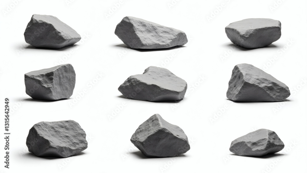 Poster a collection of gray rocks in different angles and positions, showcasing their textures and shapes