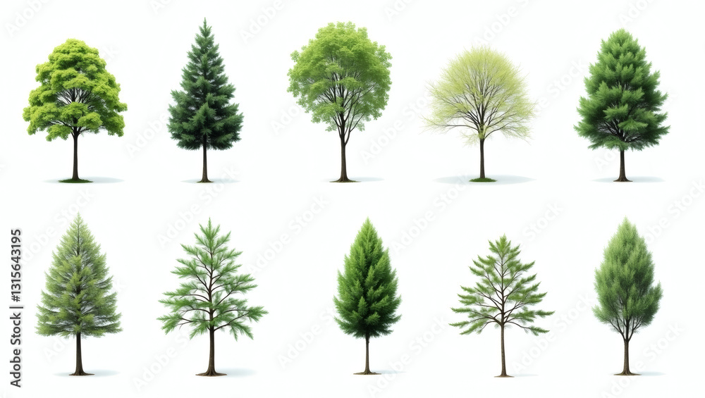 Poster different tree types with lush green foliage stand elegantly, ready to represent the environment