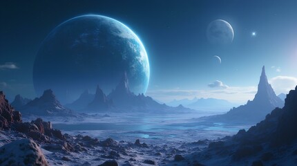 3d rendered Space Art: Alien Planet - A Fantasy Landscape with blue skies and stars, astronomy extraterrestrial fantasy celestial universe with mountains