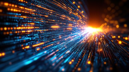 Digital data stream tunnel, light rays, glowing code, future technology