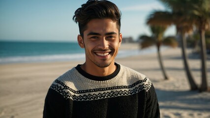 Good-looking young hispanic guy in black themed sweater on a beach smiling
