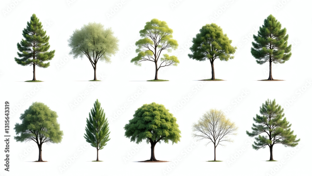 Poster various types of trees with diverse foliage, showcasing a variety of shapes and textures