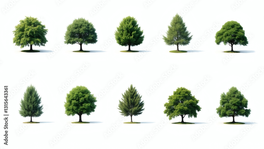 Poster a collection of various trees. Each one is distinct, showing diversity in foliage and form