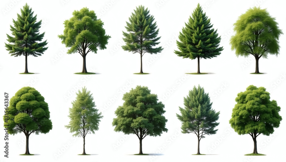 Poster various types of green trees. The trees are of different shapes and sizes