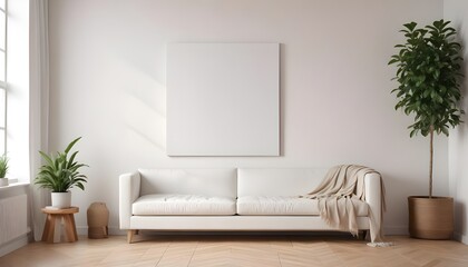 A mockup of a blank canvas print hanging on a gallery wall