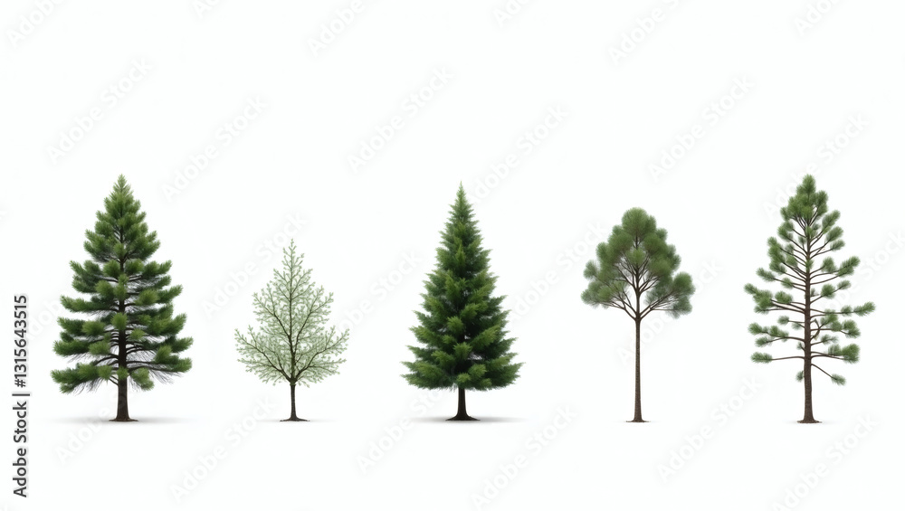 Poster a collection of five diverse trees arranged in a row, showcasing variety in shapes and foliage